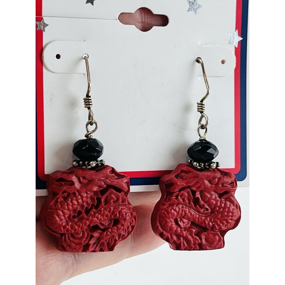 Vintage Faux Cinnabar Look Earrings Dragon Pierced Dangle Drop Kohls Bead Black